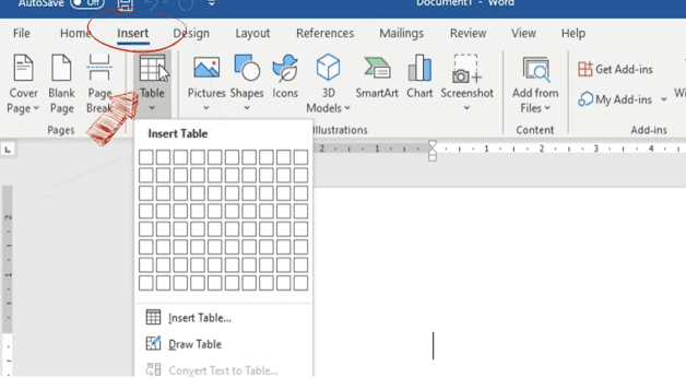 Microsoft Word Insert tab showing the Table menu used to insert a table into a document