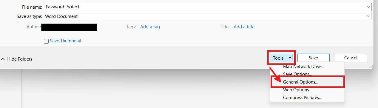 Microsoft Word Save As window showing Tools menu with General Options selected