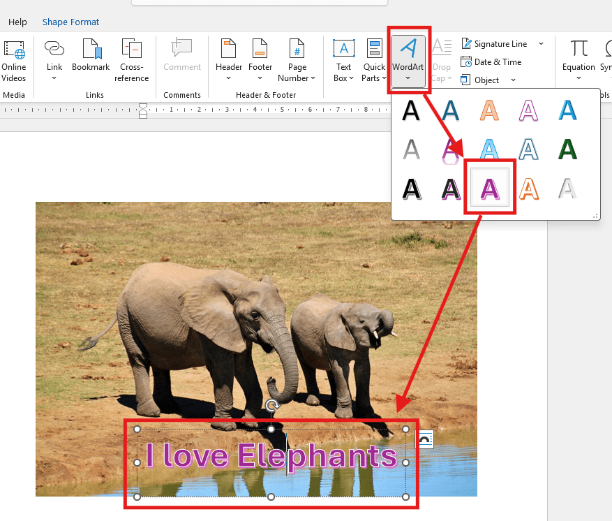 Microsoft Word Insert tab showing WordArt options and text added over an image