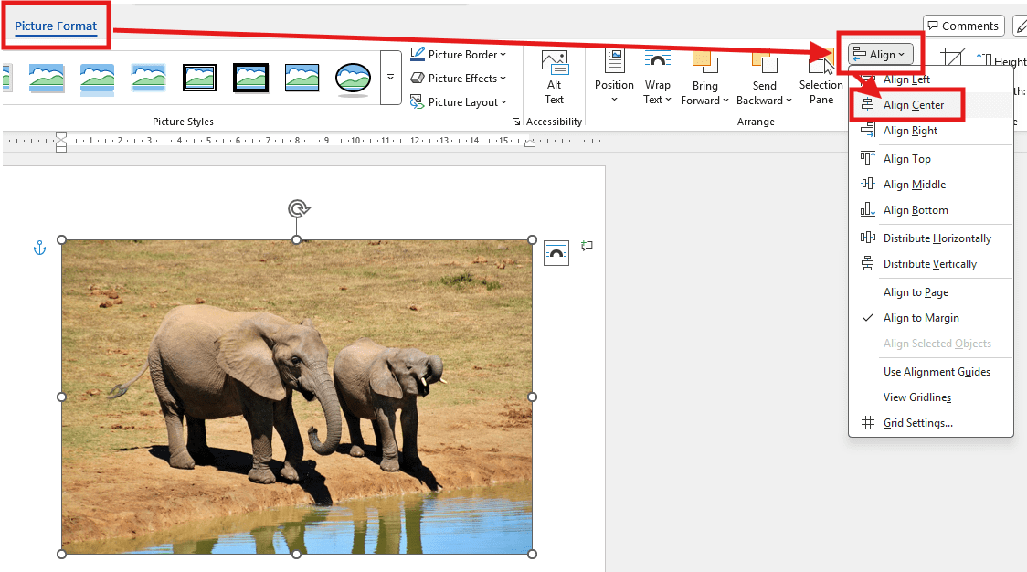 Using the Align Center option in Microsoft Word to center an image on the page