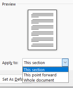 Microsoft Word Page Setup dialog showing the Apply to dropdown set to This section