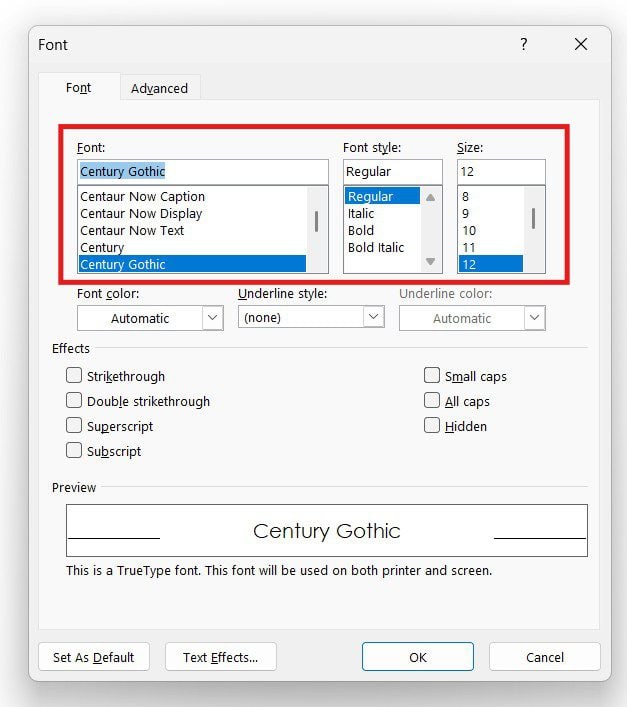 Microsoft Word Font dialog showing Century Gothic selected with regular style and size 12