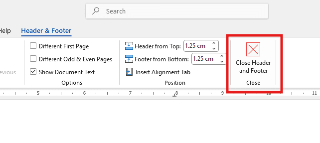 Microsoft Word Header and Footer tools showing the Close Header and Footer button highlighted.
