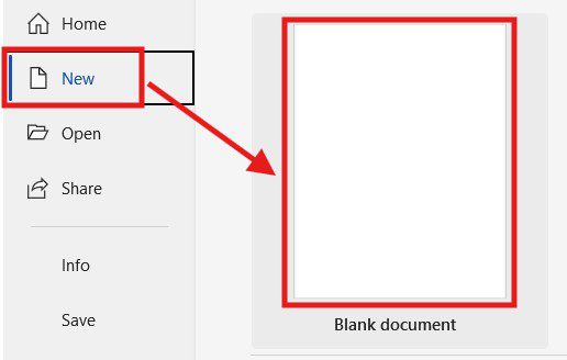 Creating a new blank document in Microsoft Word from the File and New menu