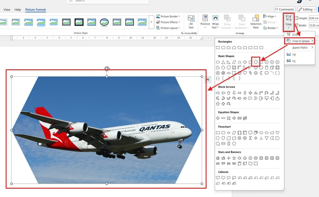 Screenshot showing how to crop a picture into a hexagon shape in Microsoft Word using the Crop to Shape option