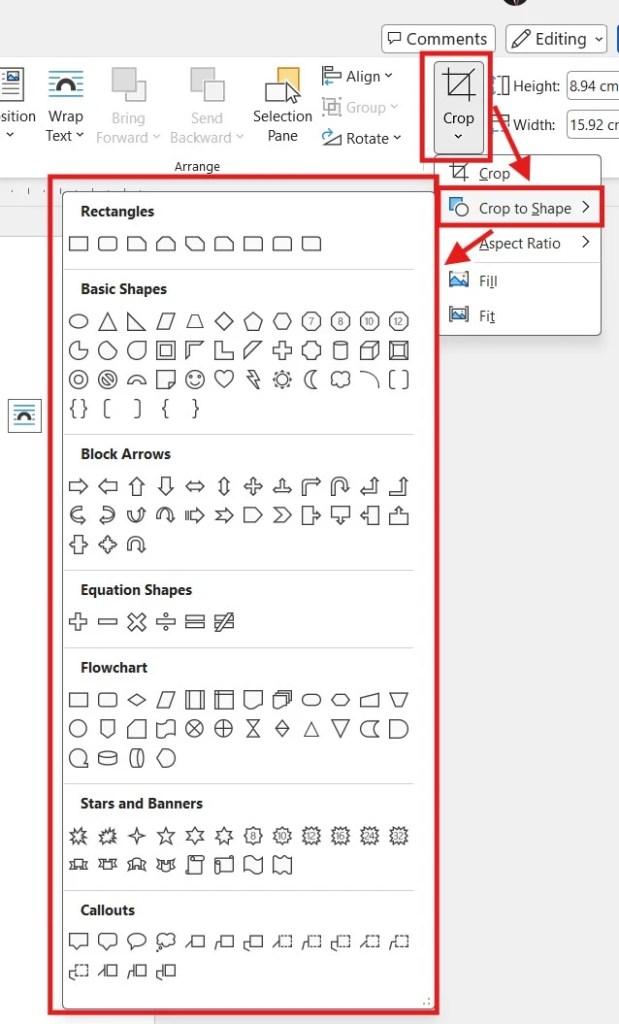 Screenshot showing the Crop to Shape dropdown menu in Microsoft Word with shape options highlighted
