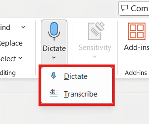 Microsoft Word toolbar showing the Dictate menu with Dictate and Transcribe options highlighted.