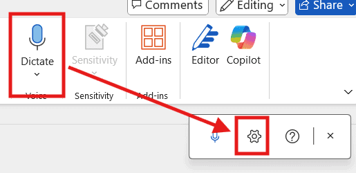 Microsoft Word Dictate toolbar showing the Dictate button and the settings gear icon highlighted.