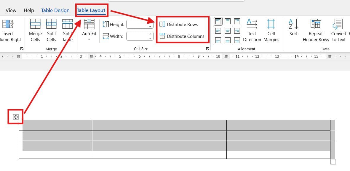 Distribute rows and columns evenly in a Microsoft Word table using the Table Lay.
