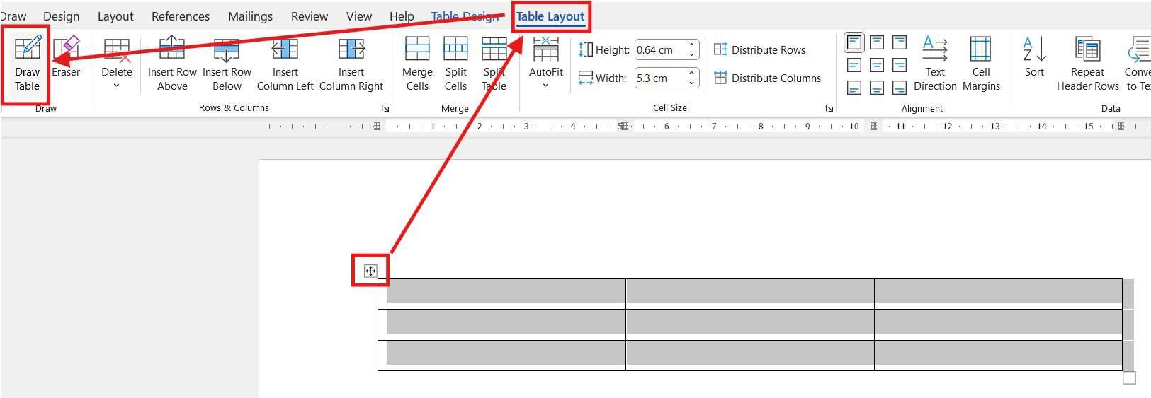 Draw and adjust a table in Microsoft Word using the Table Layout tab and Draw Table tool