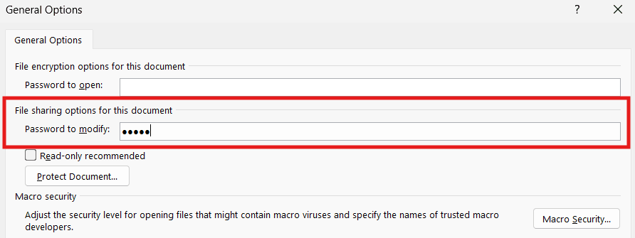 Microsoft Word General Options window showing a password entered in the password to modify field