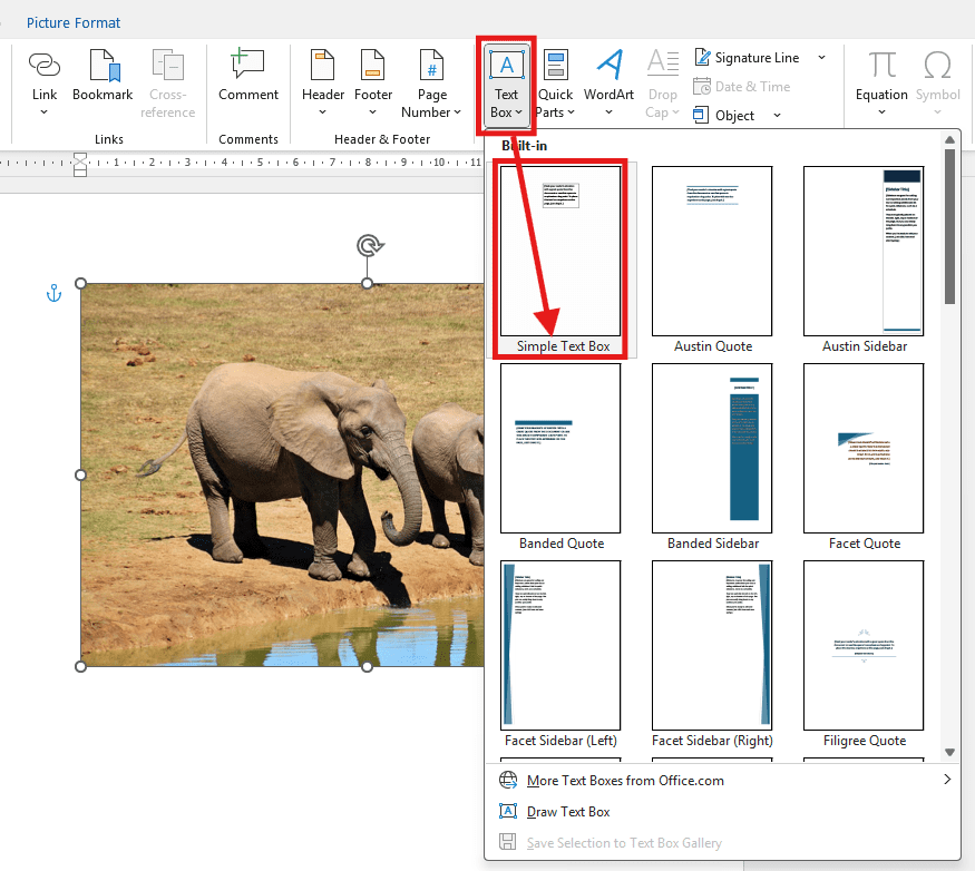 Selecting the Simple Text Box option in Microsoft Word to add text over an image