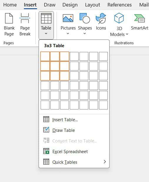 Insert a table in Microsoft Word using the grid selector to choose rows and columns