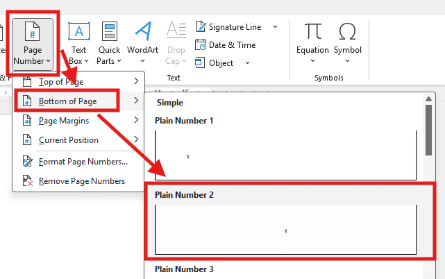 Microsoft Word Page Number menu showing Bottom of Page selected and the Plain Number 2 page number style highlighted.