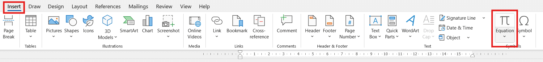 Microsoft Word Insert tab highlighting the Equation button used to write fractions