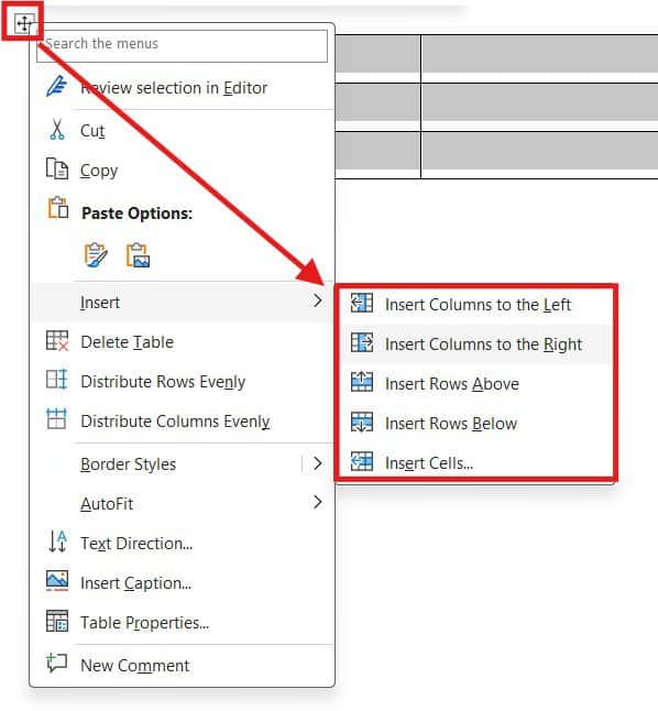 Right-click menu in Microsoft Word showing options to insert columns left or right and rows above or below in a table