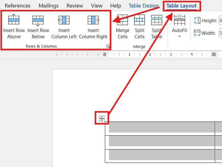 Insert rows and columns in a Microsoft Word table using the Table Layout tab