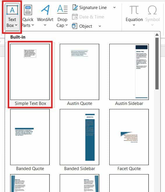 Inserting a simple text box in Microsoft Word from the Insert menu