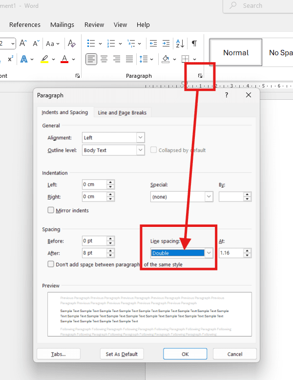 Microsoft Word paragraph settings window showing the line spacing option set to Double