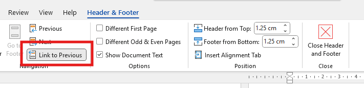 Microsoft Word Header and Footer ribbon showing the Link to Previous option highlighted