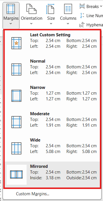 Microsoft Word Margins menu showing preset margin options including Normal, Narrow, Moderate, Wide, and Mirrored