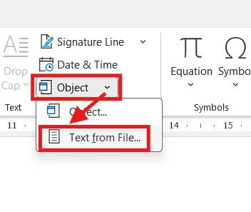 Using Object and Text from File in Microsoft Word to merge documents into one file