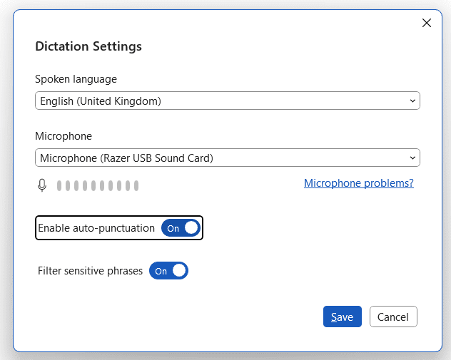 Microsoft Word dictation settings window showing language, microphone, auto punctuation, and sensitive phrase options.