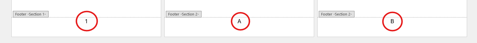 Example showing different page number formats in Microsoft Word footers, including numeric and lettered page numbering across sections