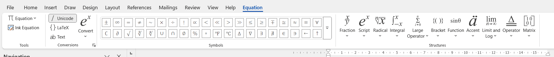Microsoft Word Equation tool ribbon showing fraction, script, and math symbol options