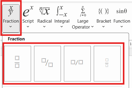 Microsoft Word equation editor showing the fraction dropdown menu with stacked and linear fraction options
