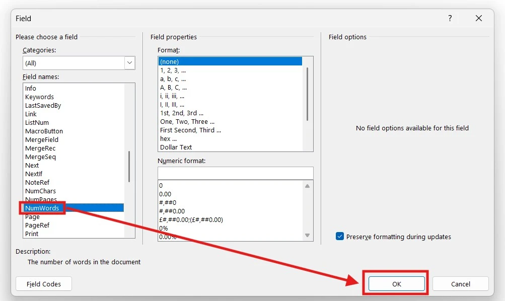 Screenshot showing the NumWords field selected in the Field dialog box in Microsoft Word to insert an automatic word count