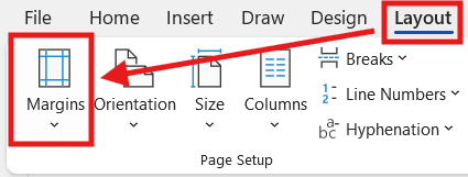 Microsoft Word Layout tab showing the Margins option highlighted