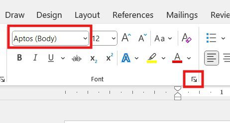 Microsoft Word toolbar showing the default font dropdown and the Font dialog launcher icon