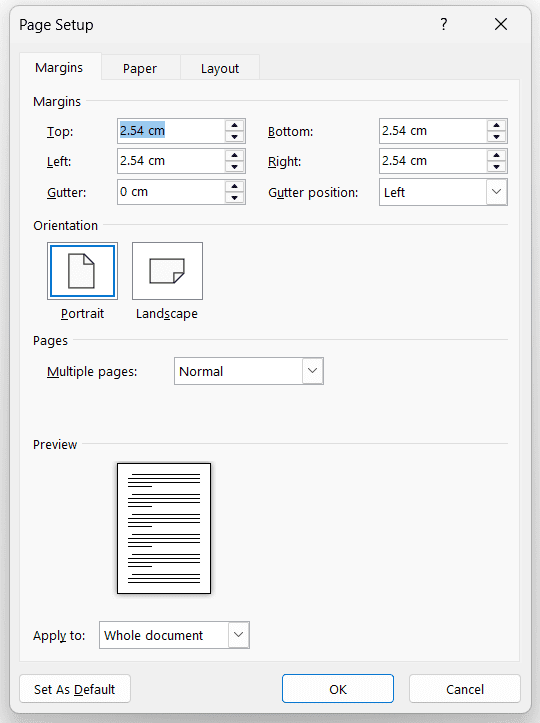 Microsoft Word Page Setup dialog showing default margin settings and page preview