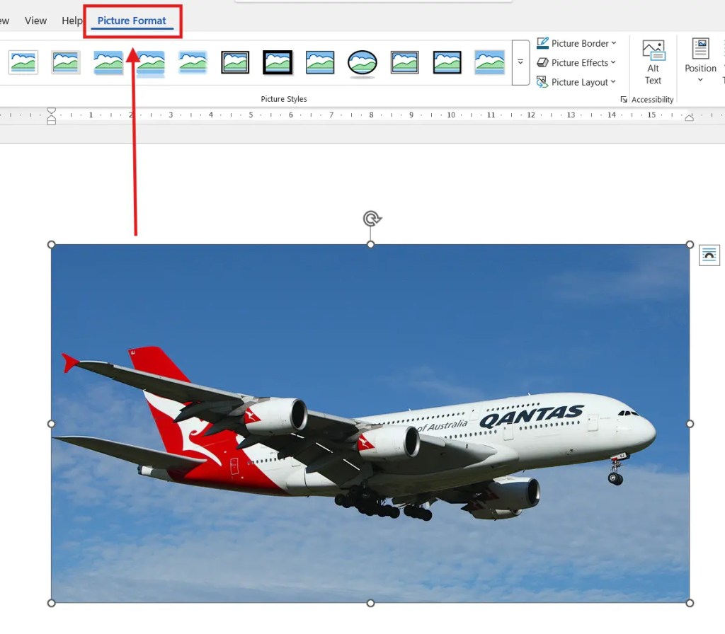 An image of a Qantas passenger airplane flying in a clear blue sky, with a visible 'Picture Format' menu at the top of the image.
