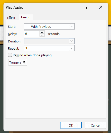 Play Audio timing dialog with start With Previous and repeat three times in PowerPoint