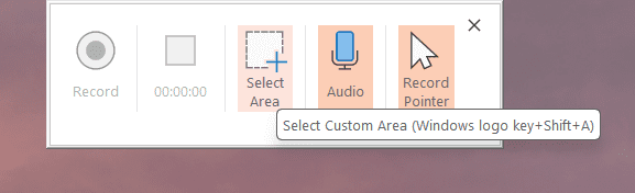 Microsoft PowerPoint screen recording toolbar showing Select Area, Audio, and Record Pointer options