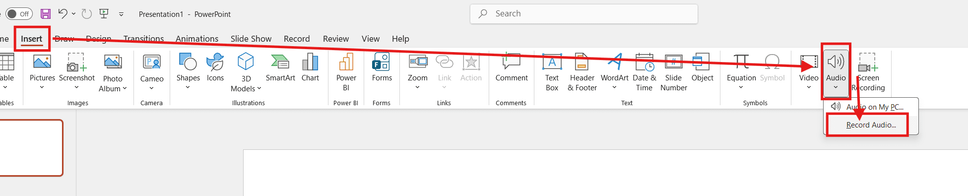 Microsoft PowerPoint Insert tab showing the Audio option with Record Audio selected