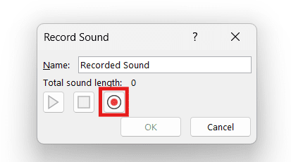 Microsoft PowerPoint Record Sound dialog showing the record button highlighted