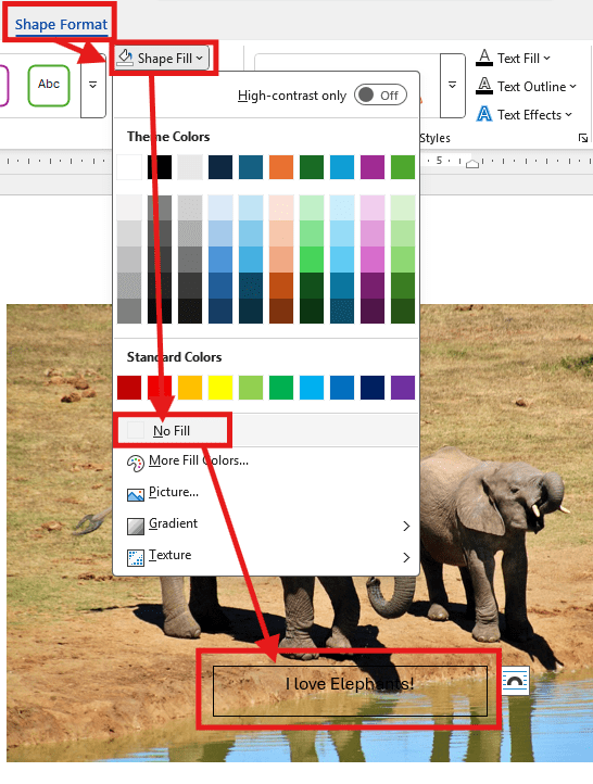 Microsoft Word Shape Format tab showing Shape Fill set to No Fill for WordArt text over an image