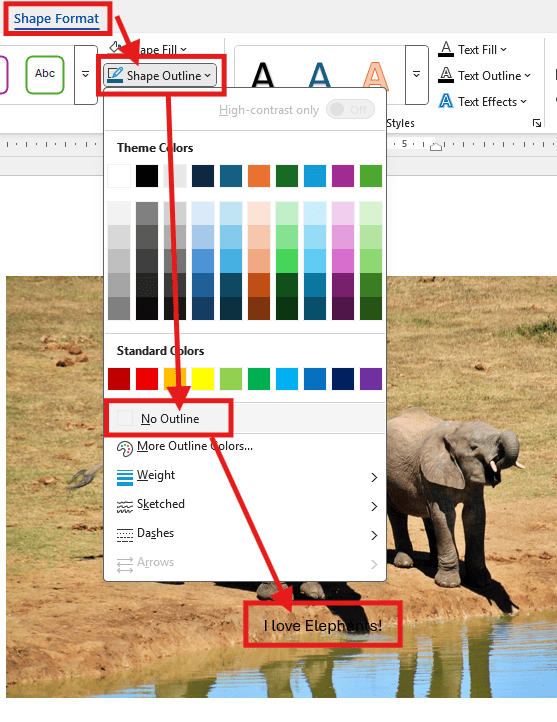Microsoft Word Shape Format tab showing Shape Outline set to No Outline for WordArt text over an image