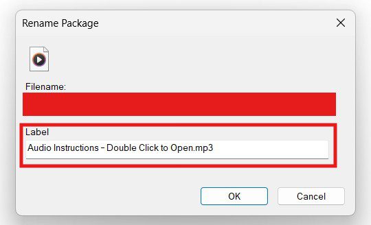 Rename Package window in Microsoft Word showing how to rename an embedded audio file