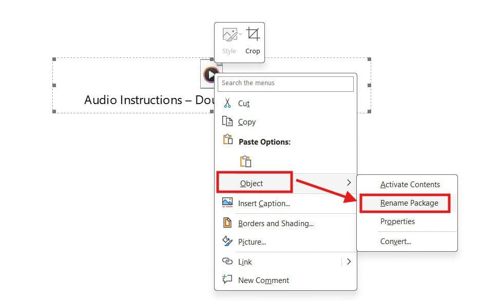 Right-click menu in Microsoft Word showing Object and Rename Package for an embedded audio file