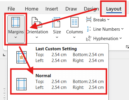 Microsoft Word Layout tab showing the Margins menu with the Normal margin preset selected