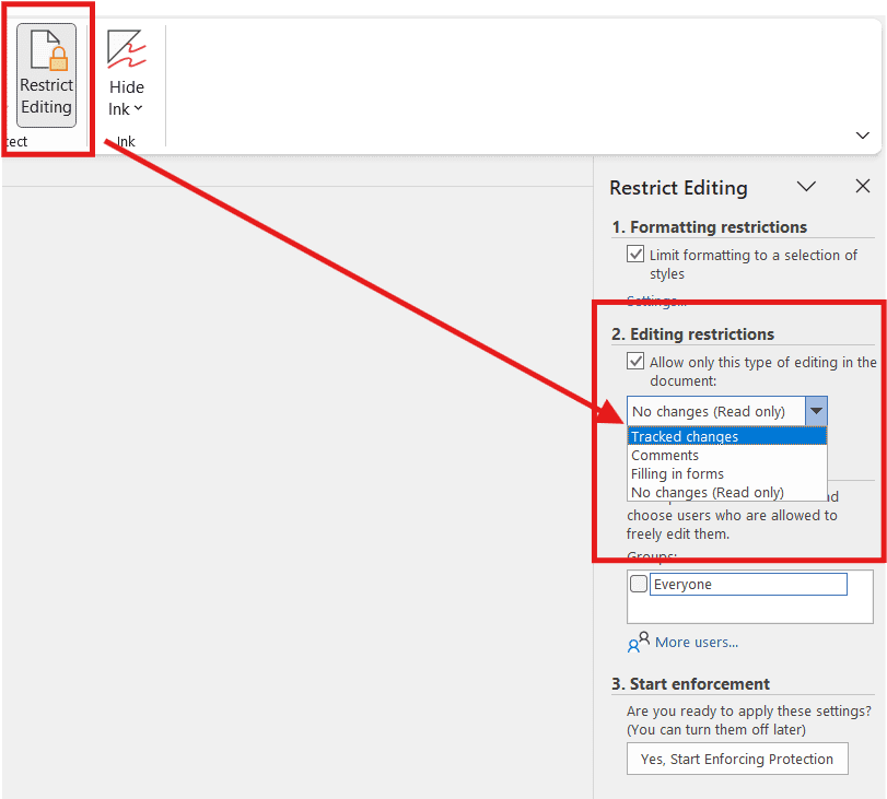 Microsoft Word Restrict Editing pane showing editing restriction options such as read only, tracked changes, and comments