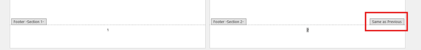 Microsoft Word footer showing Same as Previous enabled, indicating the footer is linked to the previous section