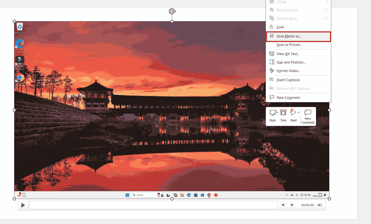 Right-click menu in Microsoft PowerPoint showing the Save Media As option for a screen recording