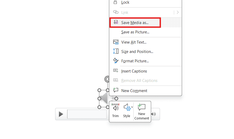 Right-click menu in Microsoft PowerPoint highlighting the Save Media As option