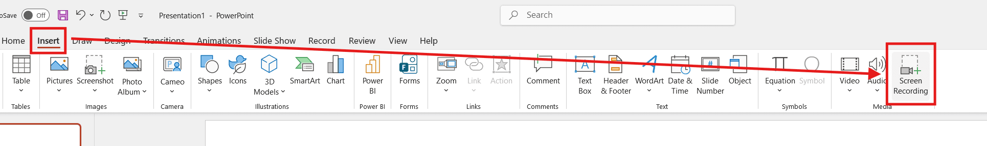 Microsoft PowerPoint Insert tab showing the Screen Recording option highlighted