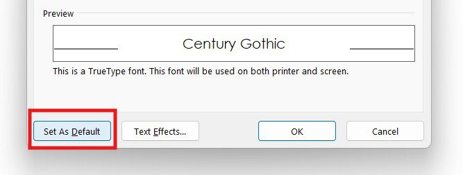 Microsoft Word Font dialog highlighting the Set As Default button